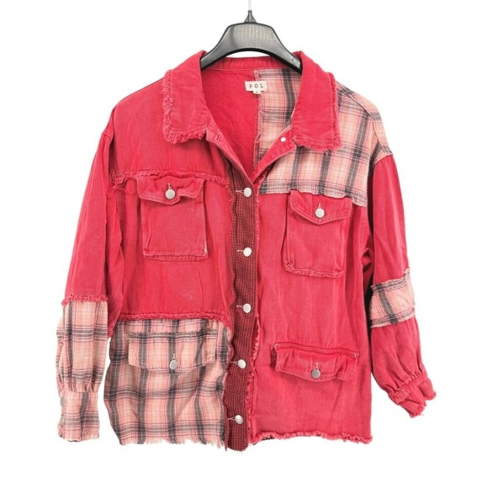POL Patchwork Shacket Womens Small Pre-Owned Jacket Red Boho Distressed‎ Grunge